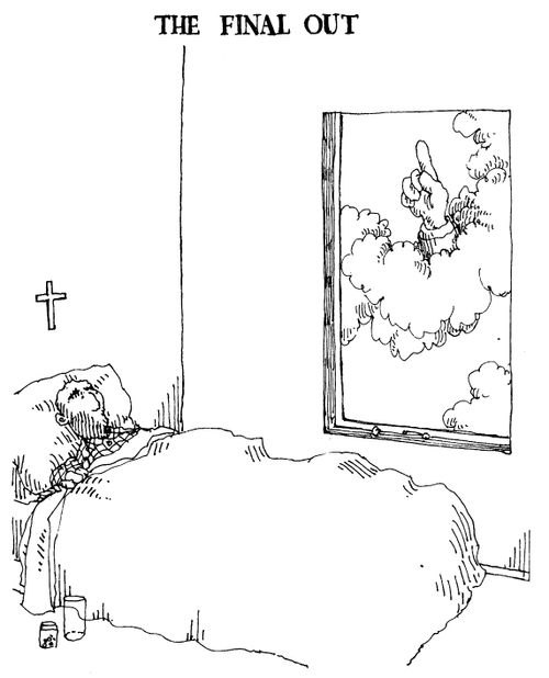Man on death bed, hand in clouds through window like umpires, 'The final out'
