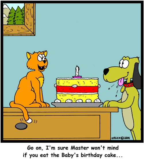 'Go on, I'm sure Master won't mind if you eat the Baby's birthday cake...'