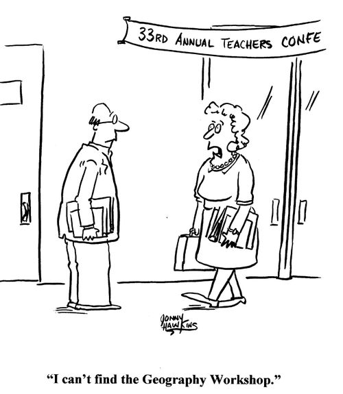 Lady to man: 'I can't find the Geography Workshop.'