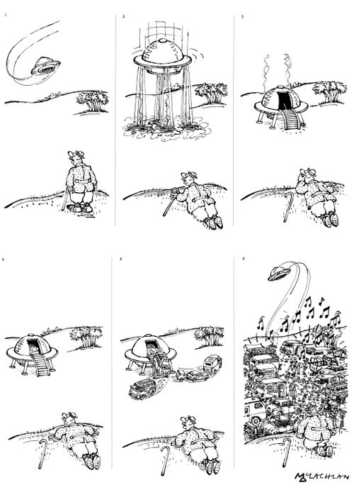 UFO lands and drops off hippies to have a party. Gentleman observing gets very angry.