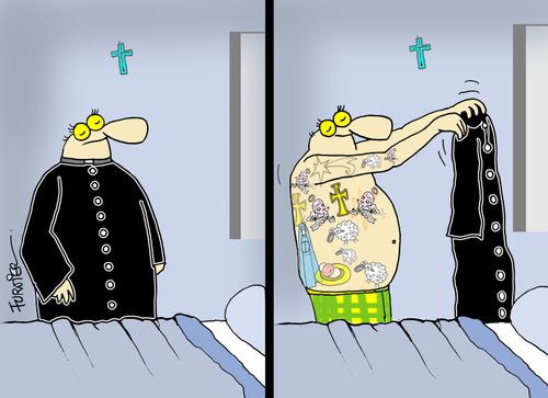 Priest disrobes, underneath his body is covered in tattoos.