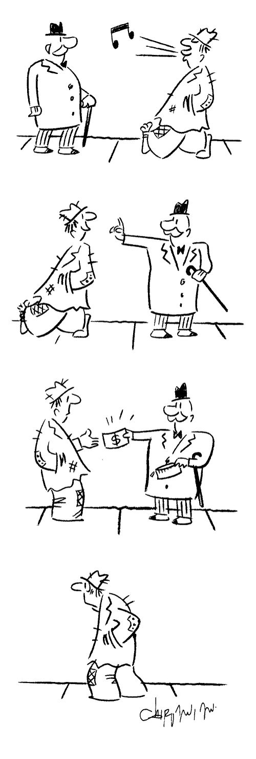 A happy poor man is given money by a rich man and is no longer happy.