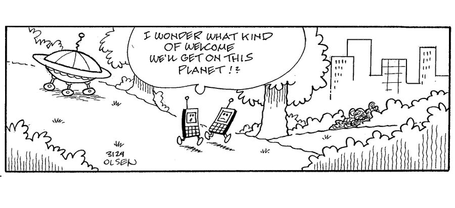 'I wonder what kind of welcome we'll get on this planet!?' (mobile phone-shaped aliens).