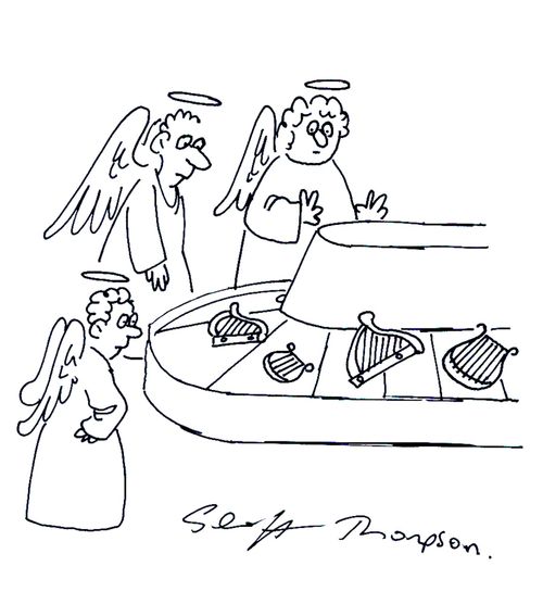 Angels waiting at baggage reclaim for their harps.