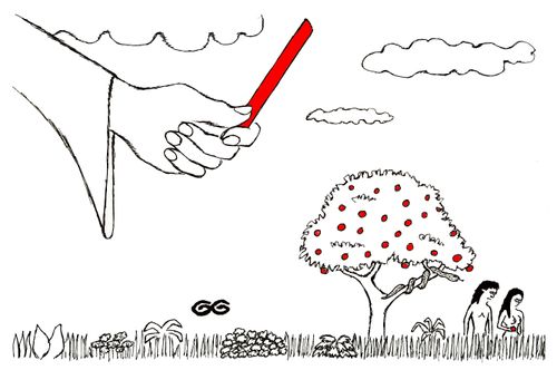 Adam and Eve Shown A Red Card in the Garden of Eden.