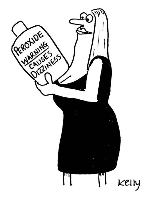 Blonde woman with bottle of peroxide.It reads:'Warning causes dizziness.'
