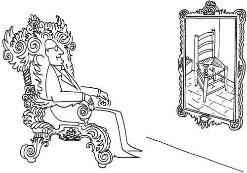 Man in Ornate Chair Admires His Van Gogh painting.