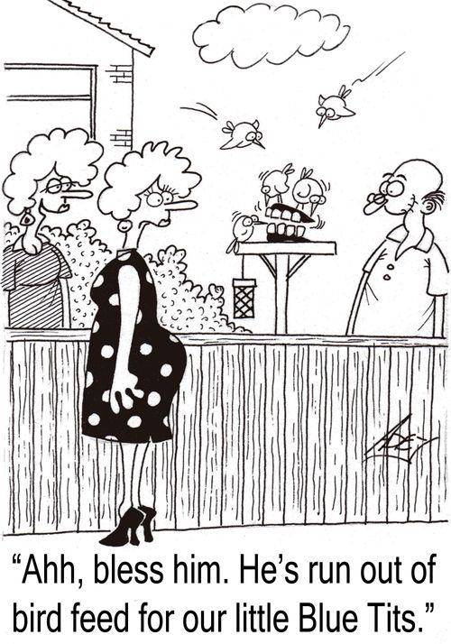 "Ahh, bless him.  He's run out of bird feed for our little Blue Tits."