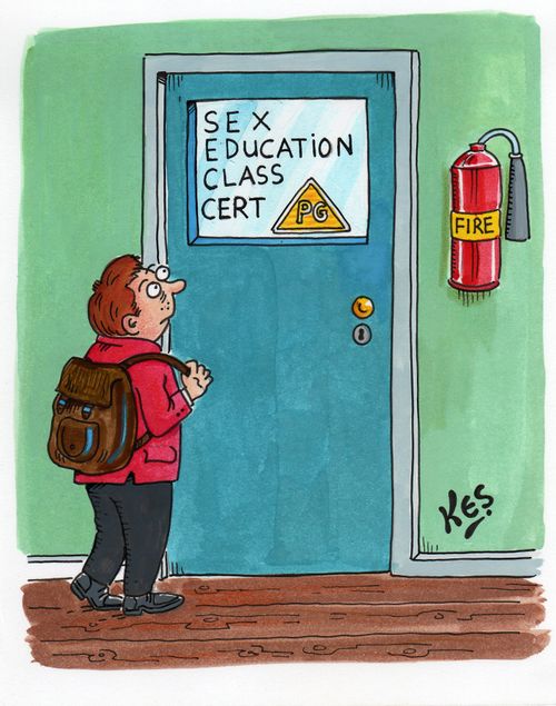 Schoolboy enters class with a sign on door: Sex Education Cert PG.