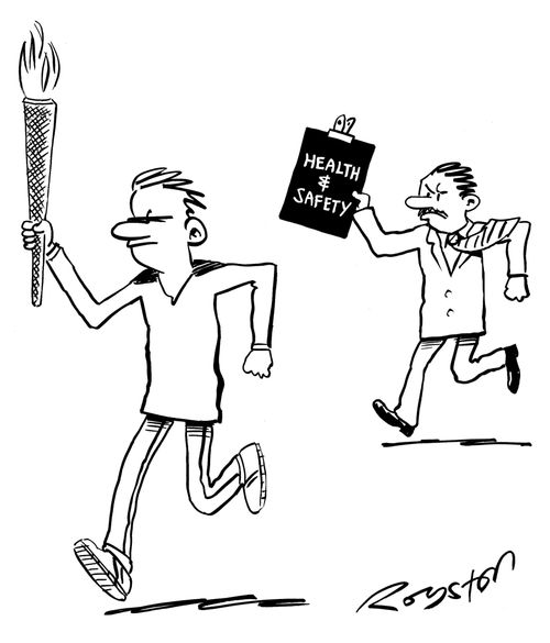 Man with health and safety clipboard follows the Olympic Torch relay.