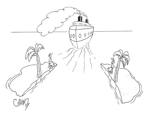 Stranded couple looks on as oceanliner sails through their desert island. 