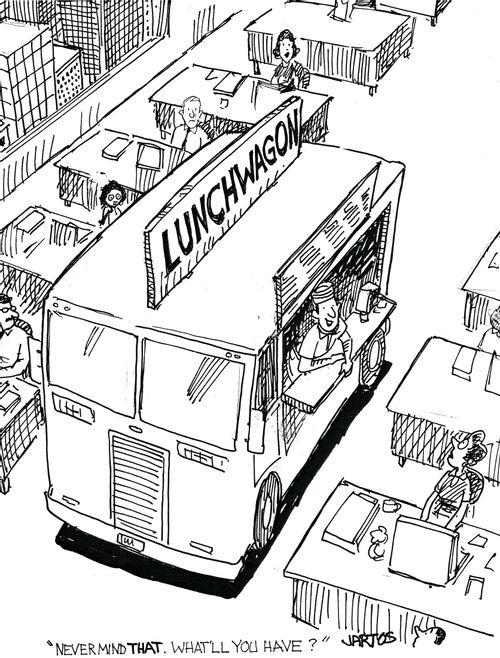 Food van driving through an office.