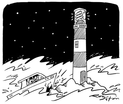 Boat hits rocks because of dim glow from low-energy lighthouse.