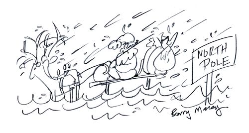 Father Christmas at the North Pole in the rain.