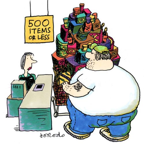 Shopper at 500 Items or Less in market.
