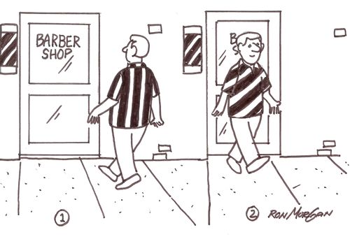 Man wearing striped shirt visits barber shop.