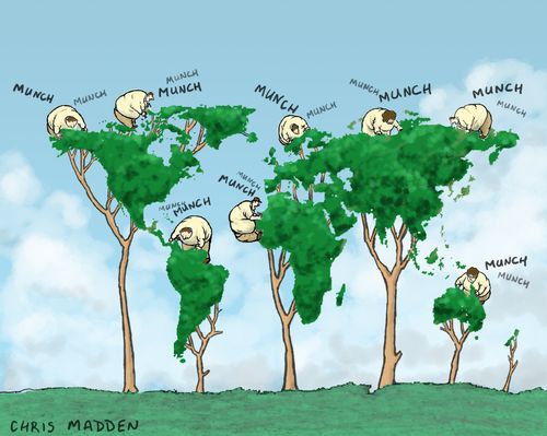 Trees on the form of a map of the world, being eaten by an infestation of pests that look uncannily like humans.