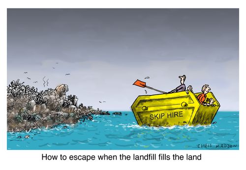 How to escape when the land fills with landfill (people escaping in a rubbish ship)