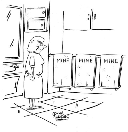 Woman has 3 towels in her restroom: 'Mine', 'Mine' and 'Mine'.