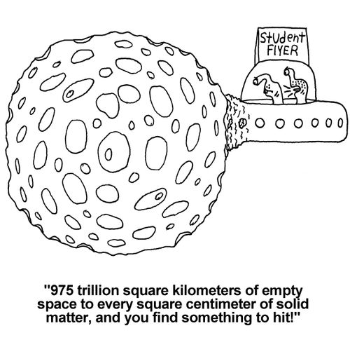 '975 trillion square kilometers of empty space to every square centimeter of solid matter, and you find something to hit!'