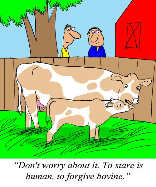 'Don't worry about it. To stare is human, to forgive bovine.'