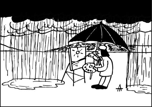 Artist painting in the rain.