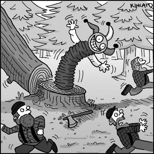 Lumberjacks running from a jack-in-the-box in a tree.