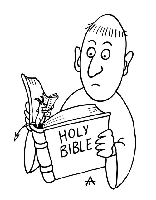 A monk finds a little demon in the spine of his holy bible.