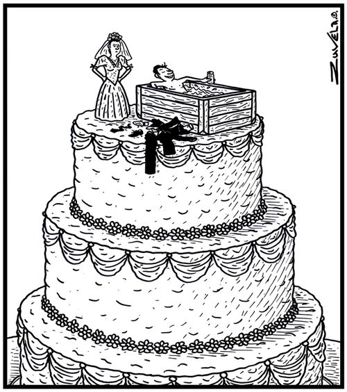 Wedding cake figurines show a man relaxing in the bath at a spa.