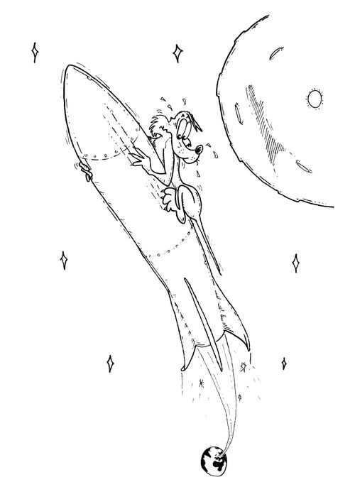Wolf clinging on to a speeding space rocket