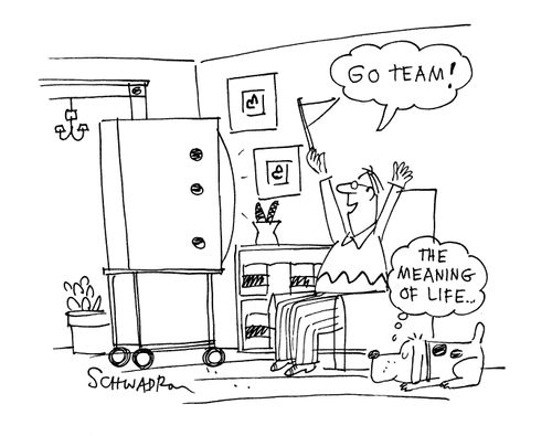 Man shouting 'go team!' at the TV and his dog pondering 'the meaning of life'.