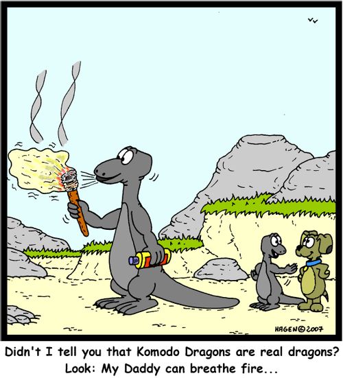 'Didn't I tell you that Komodo Dragons are real dragons? Look: My Daddy can breathe fire...'