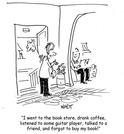I went to the book store, drank coffee, listened to some guitar player, talked to a friend, and forgot to buy my book!
