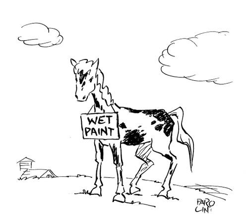 Scrawny horse with 'Wet Paint' sign around its neck.