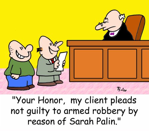 'Your Honor, my client pleads not guilty by reason of Sarah Palin.'