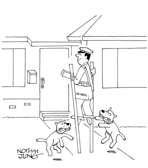 Mailman using stilts to get pass dogs to deliver mail.