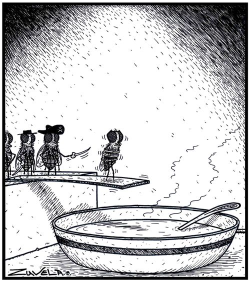 A Pirate prisoner Fly about to walk off the plank into a bowl of Soup