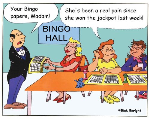 'Your Bingo papers, Madam!'  'She's been a real pain since she won the jackpot last week!'