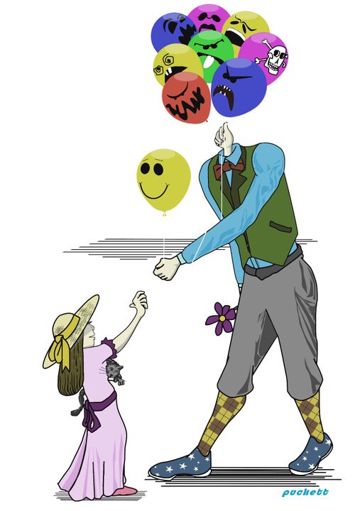 A balloon vendor hands a child his only 'good' face out of many,less than desireable faces.