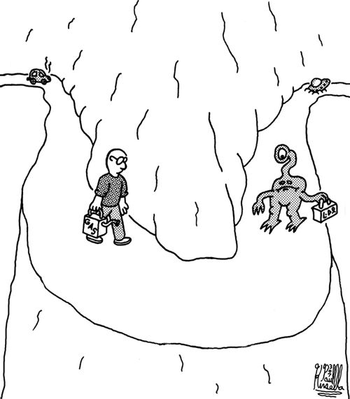 An Alien whose spaceship has tun out of gas is about to meet a human with the same problem.