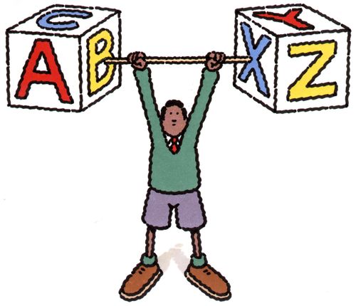 Child lifting alphabet blocks.