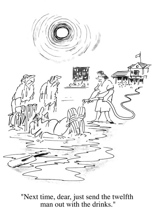 "Next time, dear, just send the twelfth man out with drinks."
