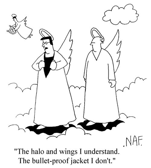 "The halo and wings I understand. The Bullet proof jacket I don't."