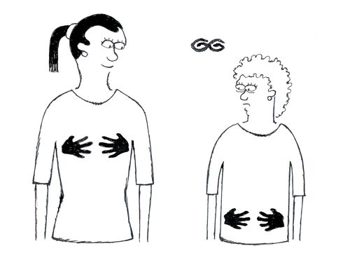 Young and old women wearing novelty hand-print t-shirts.