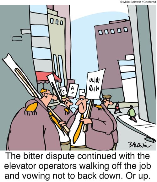 The bitter dispute continued with the elevator operators walking off the job and vowing not to back down. Or up.