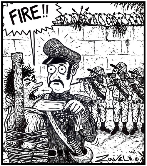 Prisoner yelling out,'Fire!' to the Firing Squad hoping they'll shoot the General.  