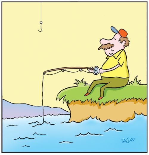 Fishing line going in to water and then dropping down from sky at top of panel.