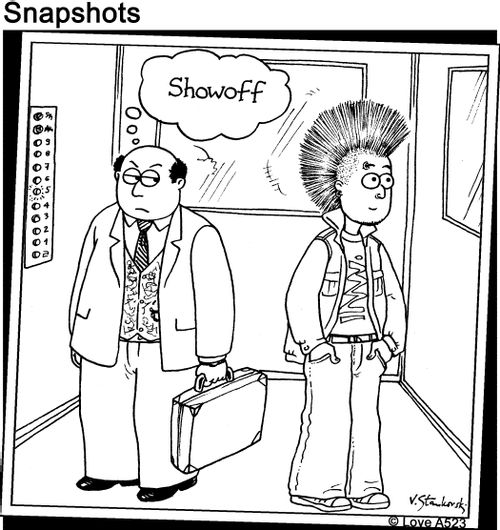 "Showoff" - Bald man envies punk.
