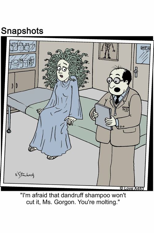 'I'm afraid that dandruff shampoo won't cut it, Ms. Gordon. You're molting.'