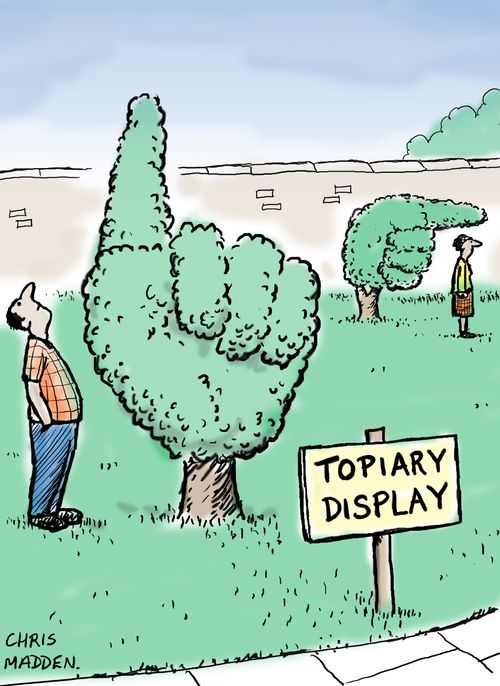 Topiary bushes in the form of pointing hands. People are looking in the directions that the fingers are pointing.